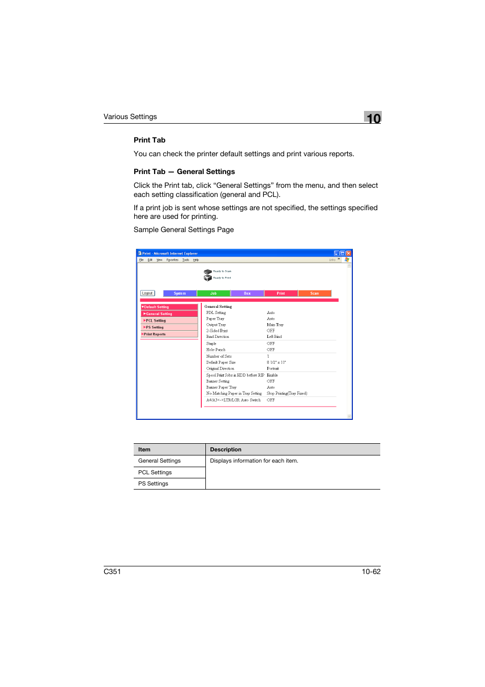 Print tab, Print tab - general settings, Print tab -62 print tab — general settings -62 | Konica Minolta BIZHUB C351 User Manual | Page 295 / 380