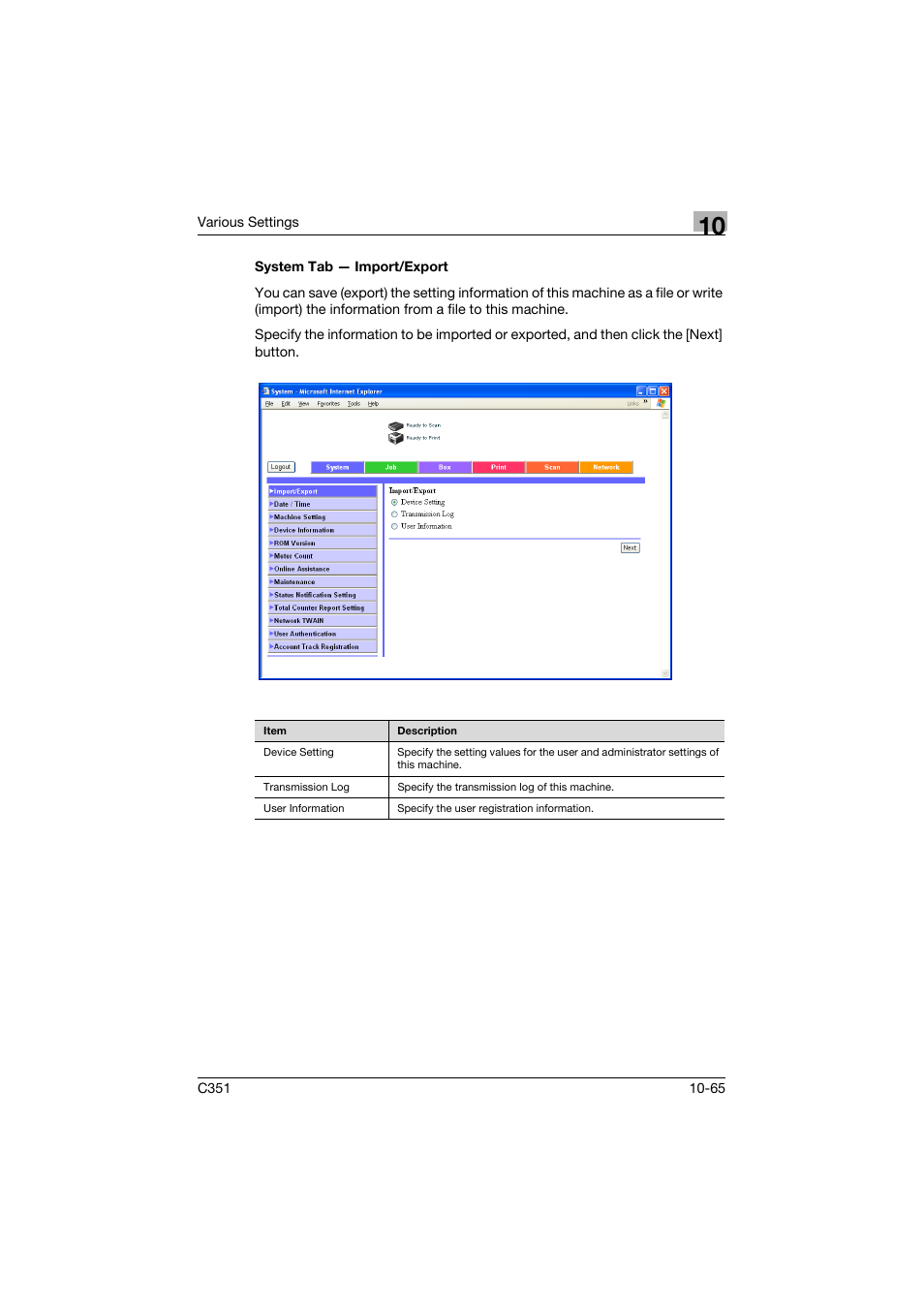 System tab - import/export, System tab — import/export -65 | Konica Minolta BIZHUB C351 User Manual | Page 298 / 380