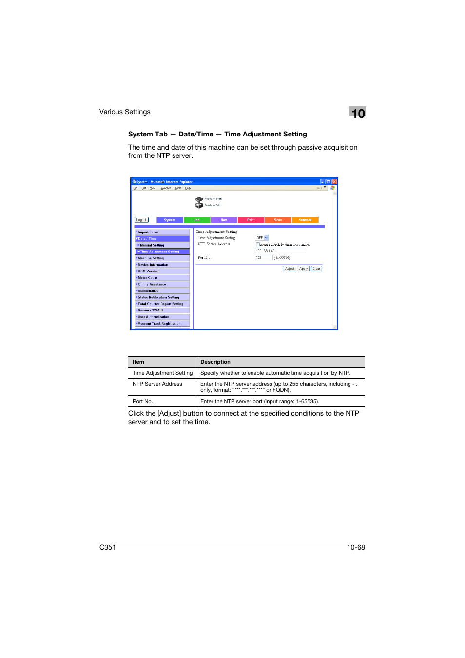 System tab - date/time - time adjustment setting | Konica Minolta BIZHUB C351 User Manual | Page 301 / 380