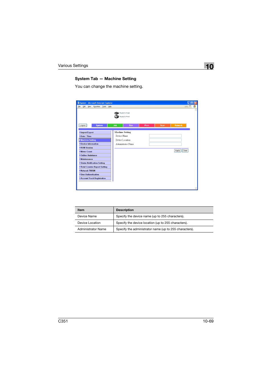 System tab - machine setting, System tab — machine setting -69 | Konica Minolta BIZHUB C351 User Manual | Page 302 / 380