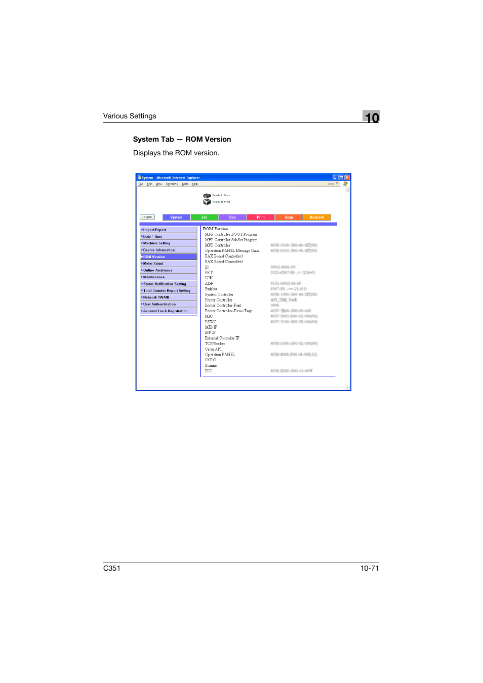 System tab - rom version, System tab — rom version -71 | Konica Minolta BIZHUB C351 User Manual | Page 304 / 380