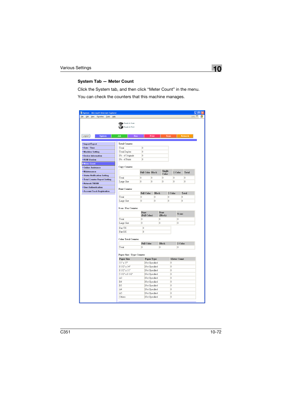 System tab - meter count, System tab — meter count -72 | Konica Minolta BIZHUB C351 User Manual | Page 305 / 380