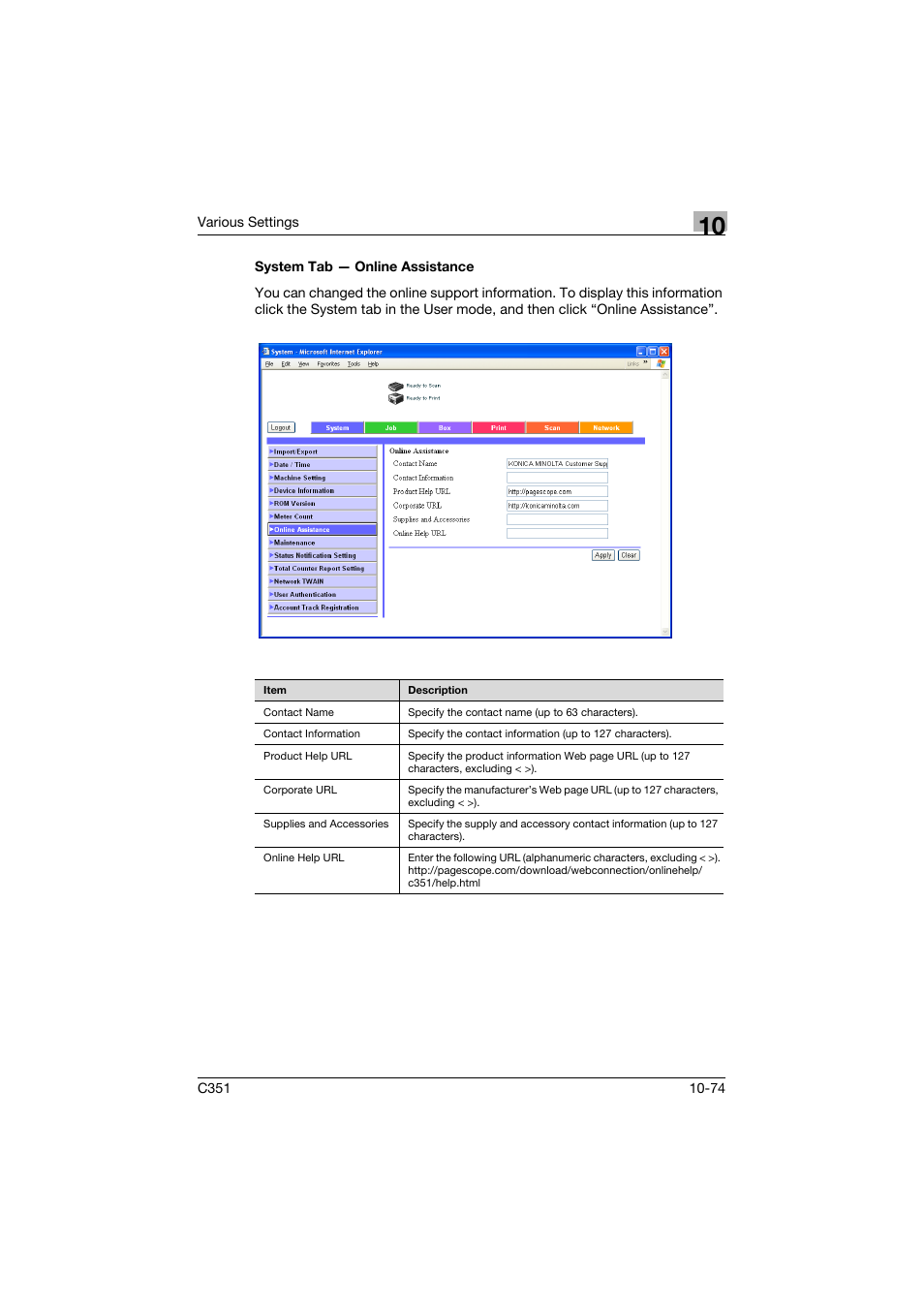 System tab - online assistance, System tab — online assistance -74 | Konica Minolta BIZHUB C351 User Manual | Page 307 / 380