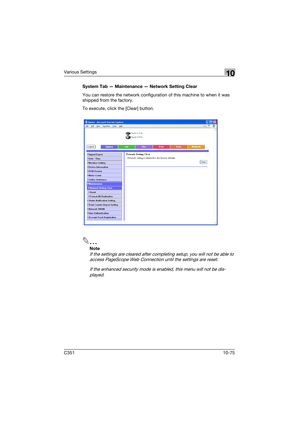 System tab - maintenance - network setting clear | Konica Minolta BIZHUB C351 User Manual | Page 308 / 380