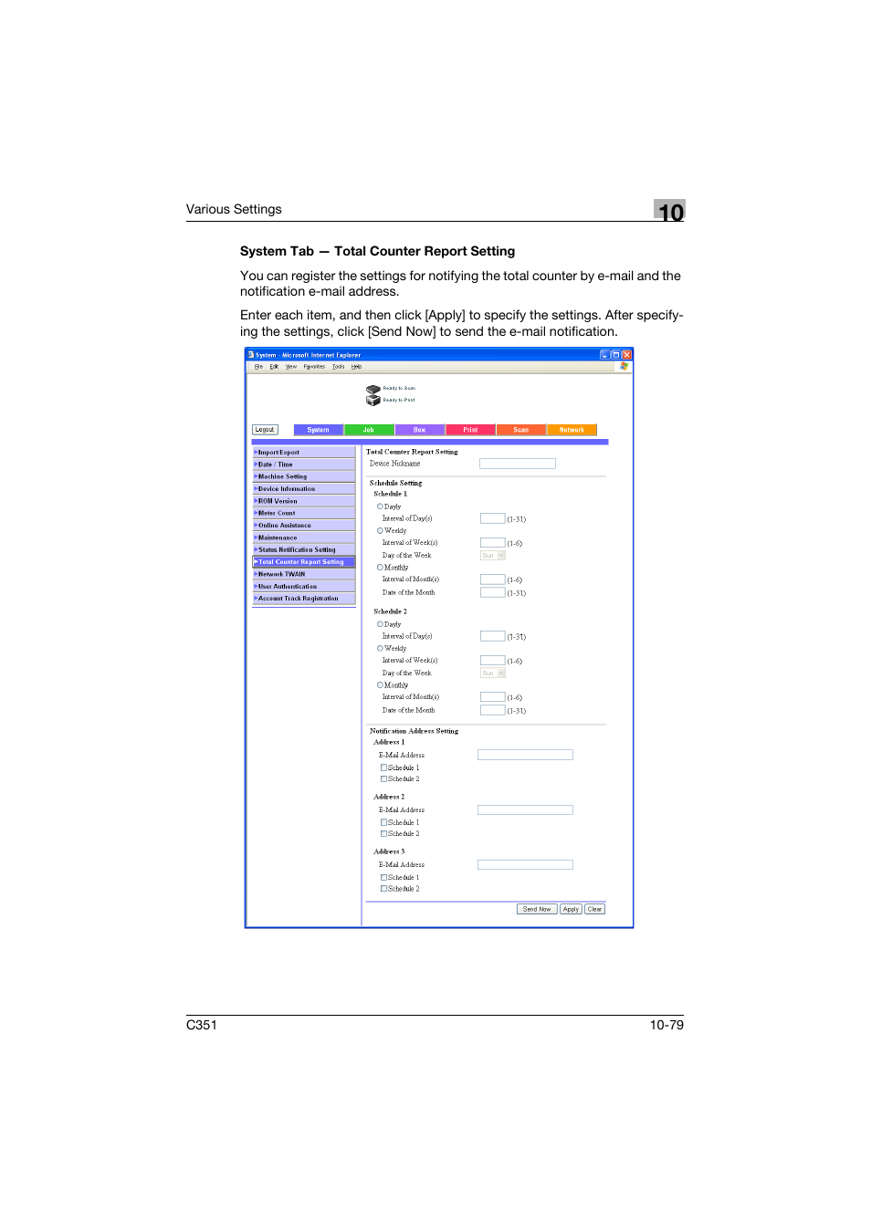 System tab - total counter report setting, System tab — total counter report setting -79 | Konica Minolta BIZHUB C351 User Manual | Page 312 / 380