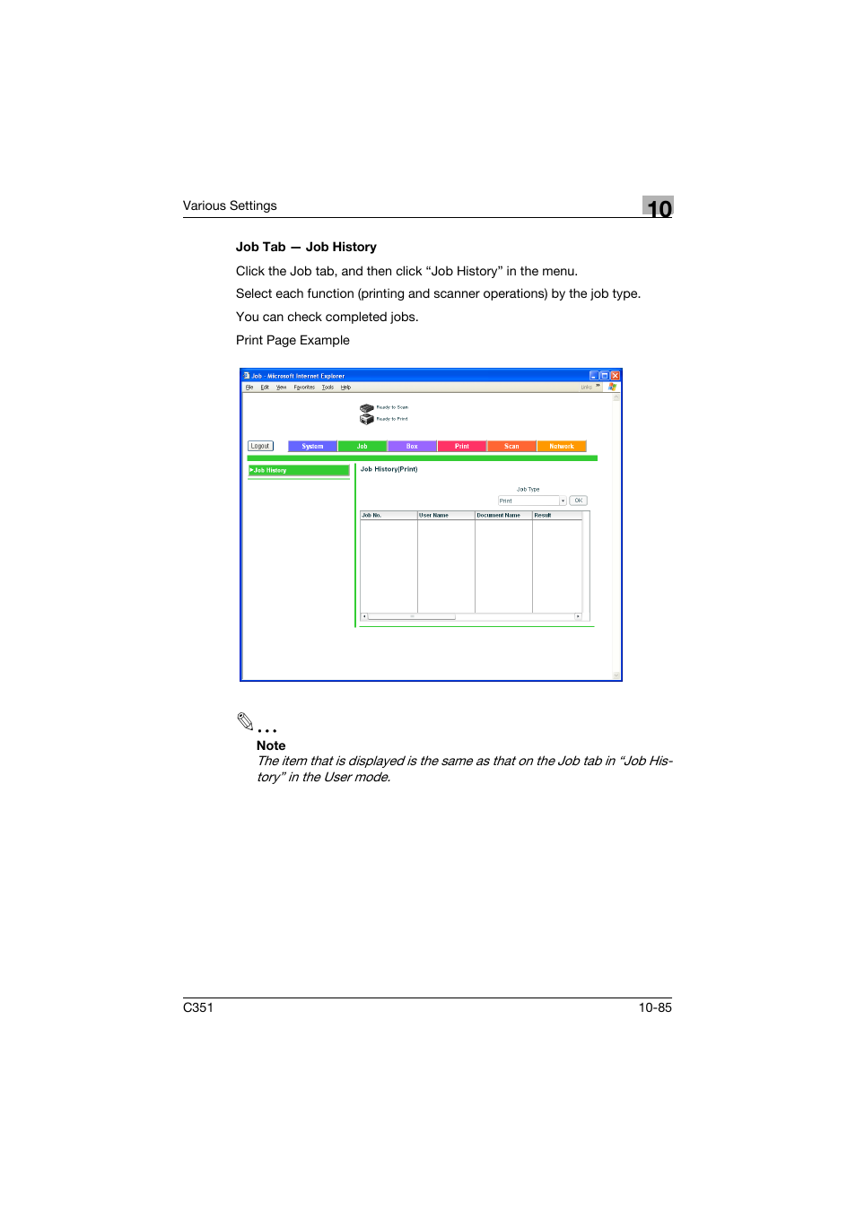 Job tab - job history, Job tab — job history -85 | Konica Minolta BIZHUB C351 User Manual | Page 318 / 380