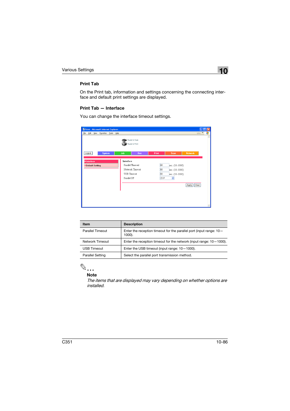 Print tab, Print tab - interface, Print tab -86 print tab — interface -86 | Konica Minolta BIZHUB C351 User Manual | Page 319 / 380