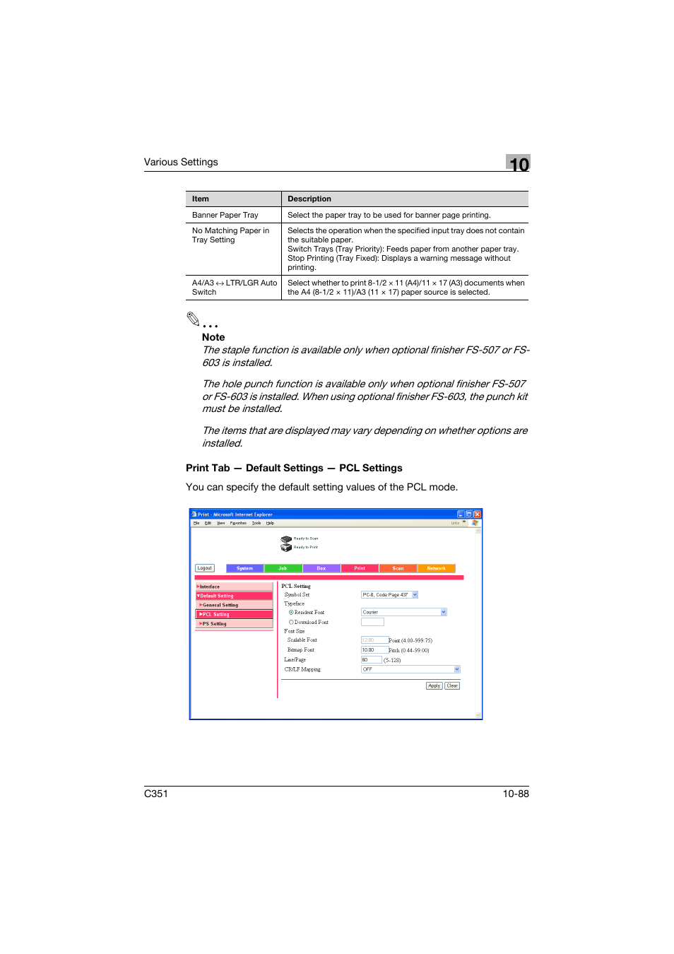 Print tab - default settings - pcl settings, Print tab — default settings — pcl settings -88 | Konica Minolta BIZHUB C351 User Manual | Page 321 / 380