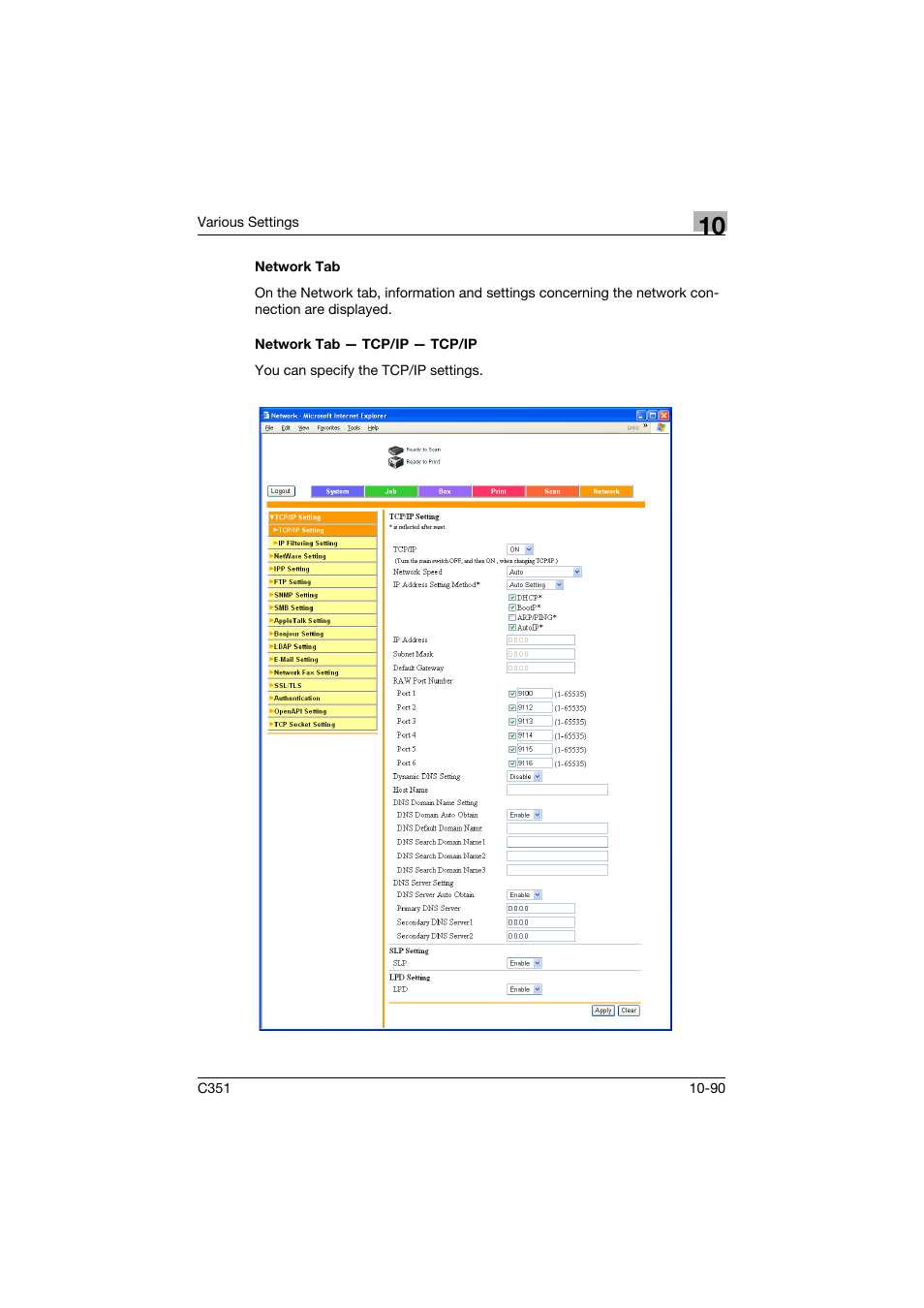 Network tab, Network tab - tcp/ip - tcp/ip, Network tab -90 network tab — tcp/ip — tcp/ip -90 | Konica Minolta BIZHUB C351 User Manual | Page 323 / 380