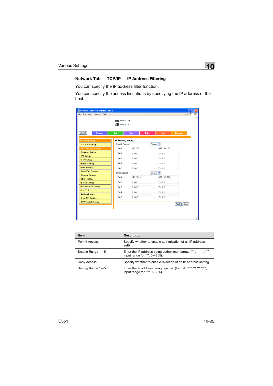 Network tab - tcp/ip - ip address filtering, Network tab — tcp/ip — ip address filtering -92 | Konica Minolta BIZHUB C351 User Manual | Page 325 / 380