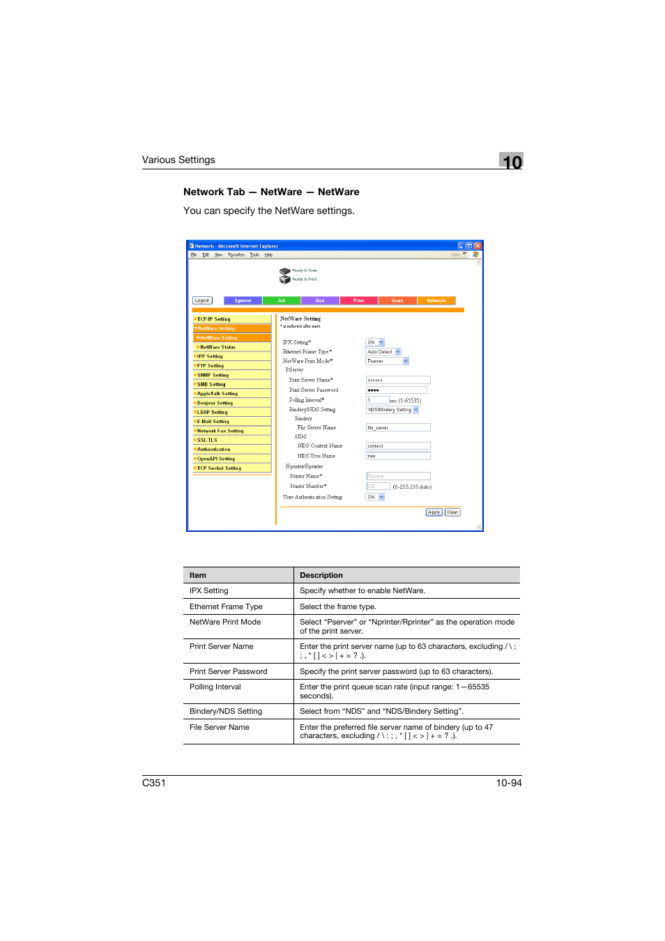 Network tab - netware - netware, Network tab — netware — netware -94 | Konica Minolta BIZHUB C351 User Manual | Page 327 / 380