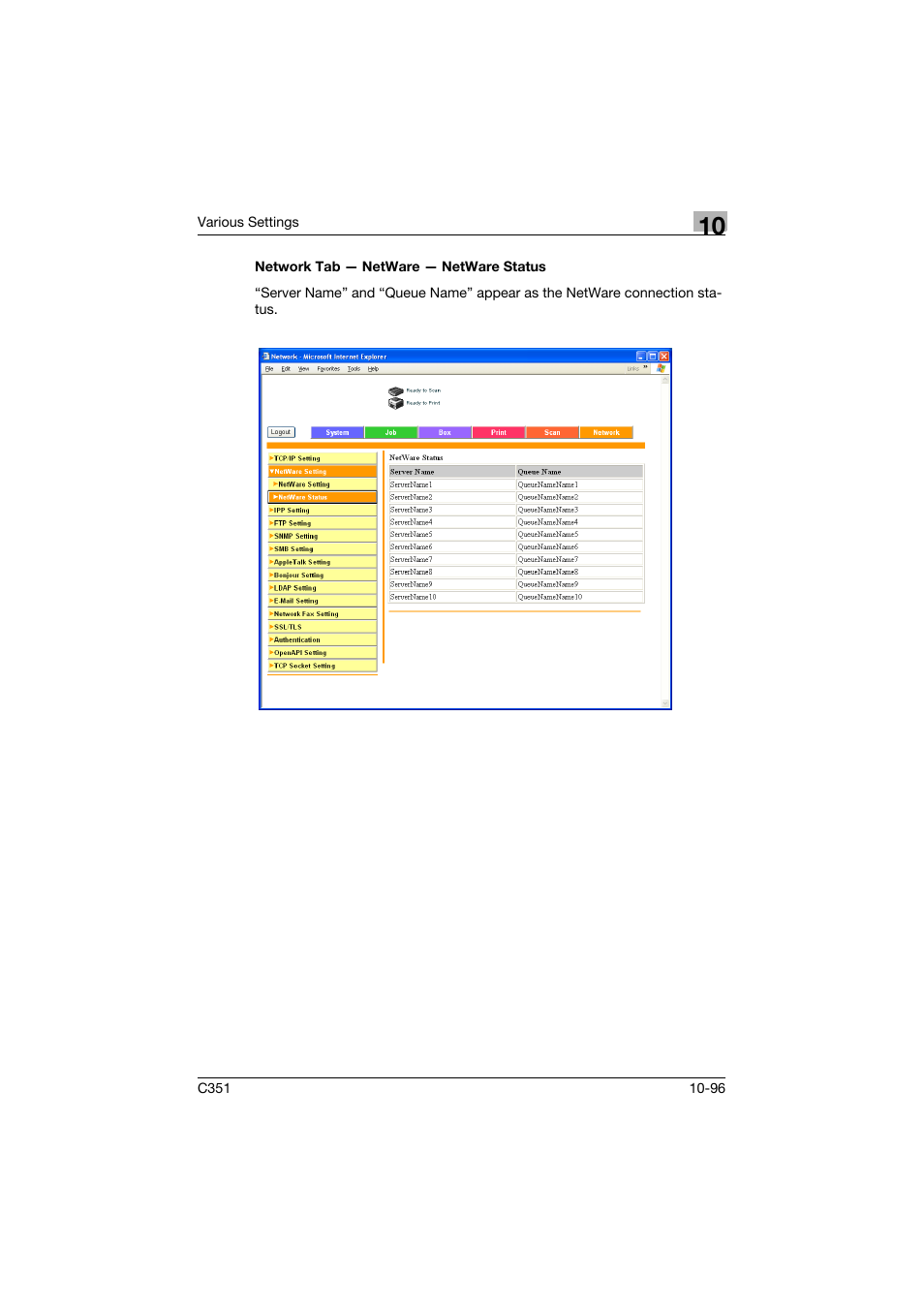 Network tab - netware - netware status, Network tab — netware — netware status -96 | Konica Minolta BIZHUB C351 User Manual | Page 329 / 380