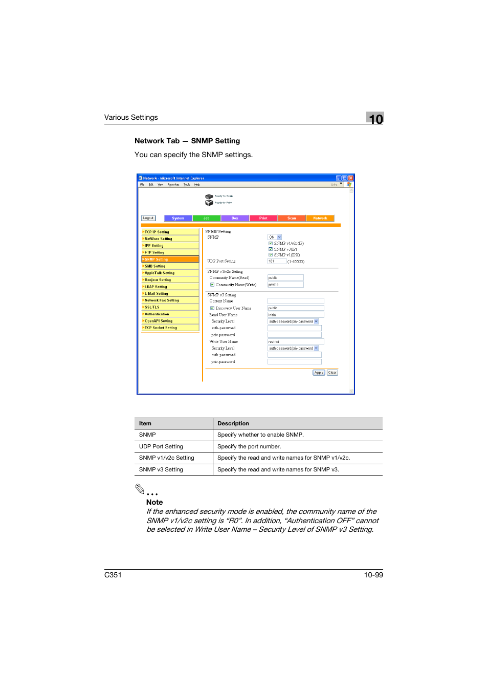 Network tab - snmp setting, Network tab — snmp setting -99 | Konica Minolta BIZHUB C351 User Manual | Page 332 / 380