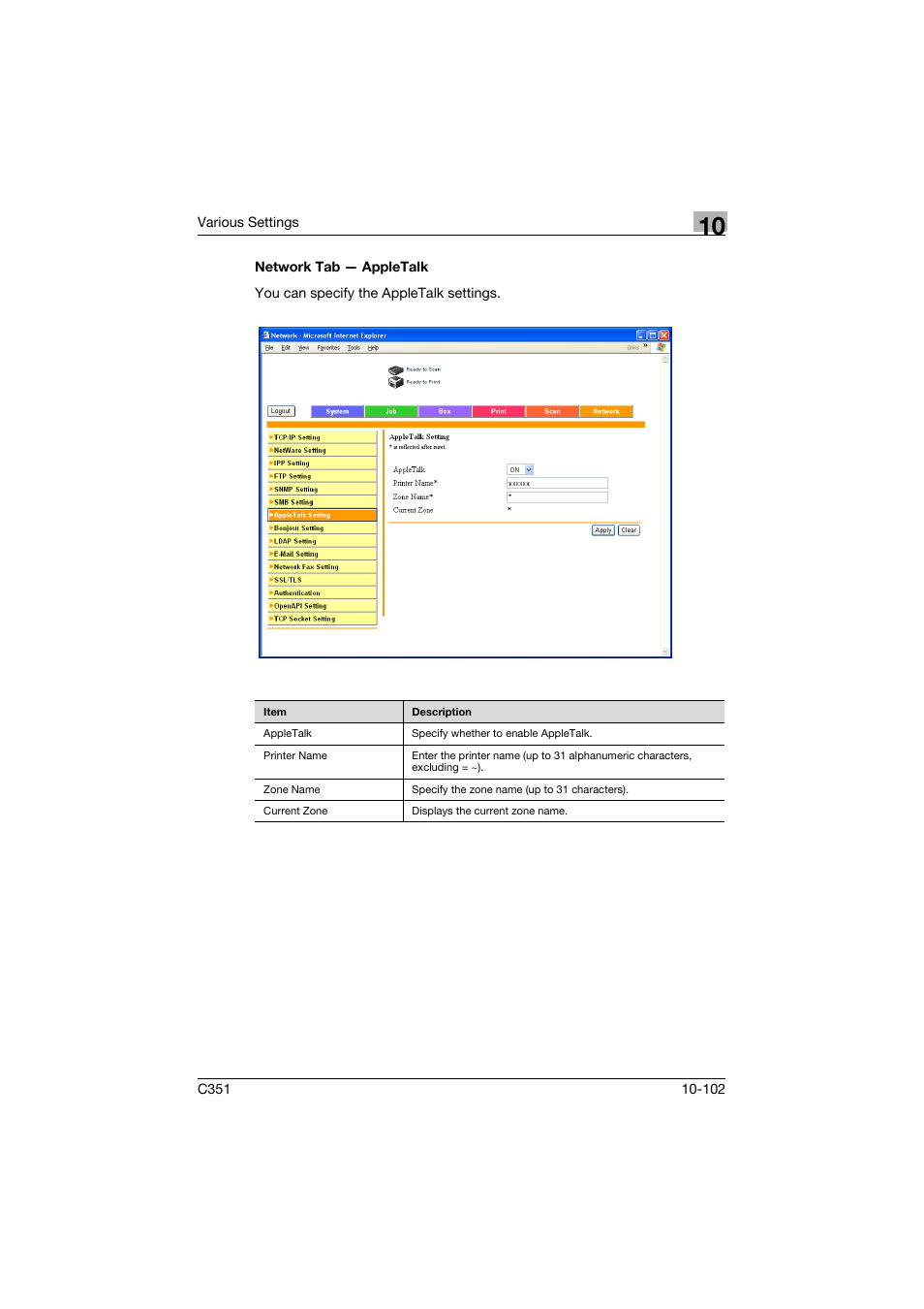 Network tab - appletalk, Network tab — appletalk -102 | Konica Minolta BIZHUB C351 User Manual | Page 335 / 380