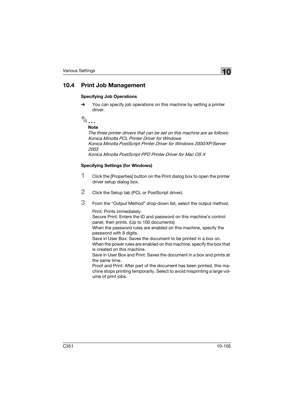 4 print job management, Specifying job operations, Specifying settings (for windows) | Print job management -105 | Konica Minolta BIZHUB C351 User Manual | Page 338 / 380