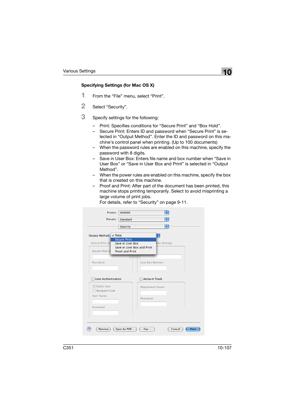 Specifying settings (for mac os x), Specifying settings (for mac os x) -107 | Konica Minolta BIZHUB C351 User Manual | Page 340 / 380