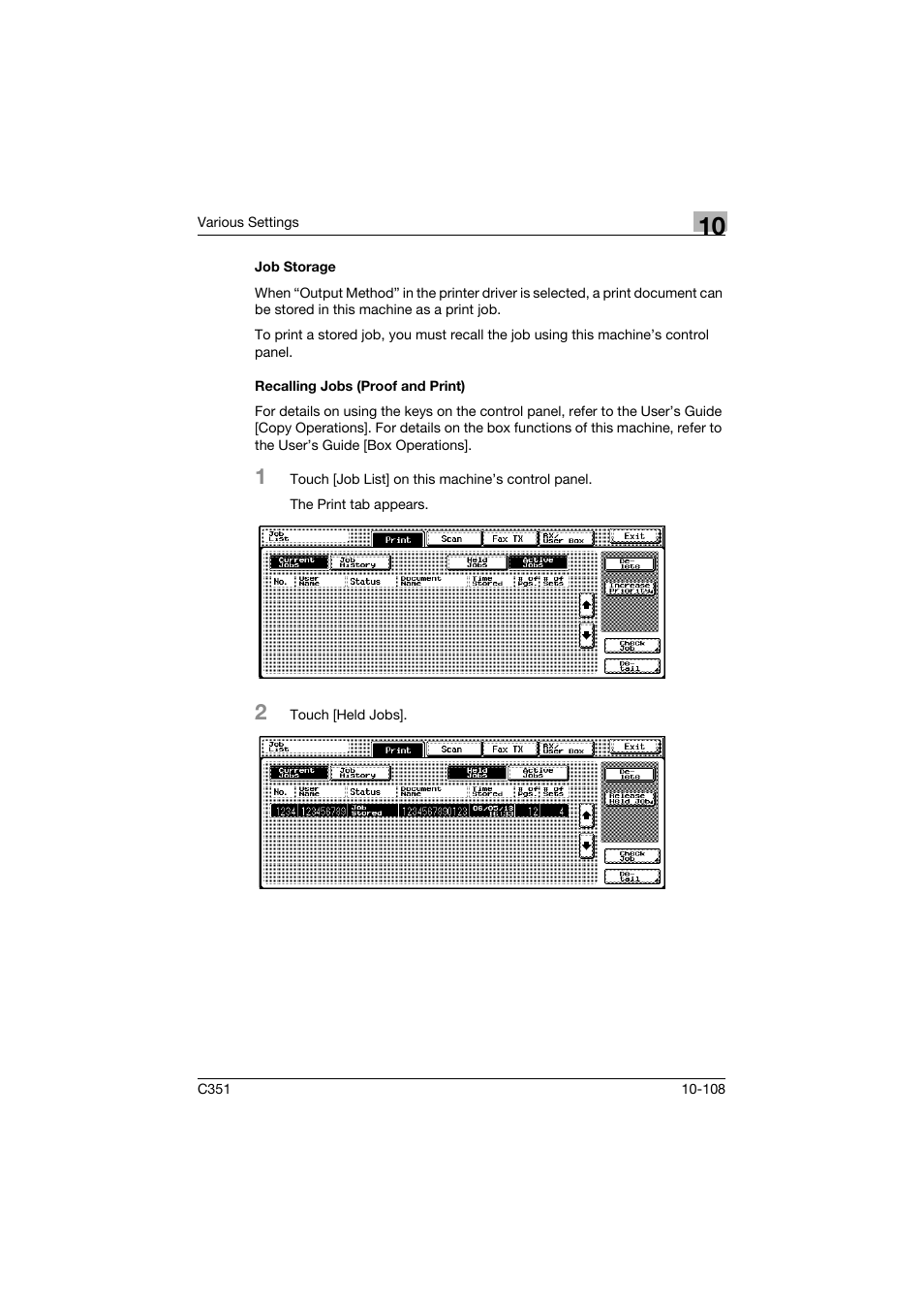 Job storage, Recalling jobs (proof and print) | Konica Minolta BIZHUB C351 User Manual | Page 341 / 380