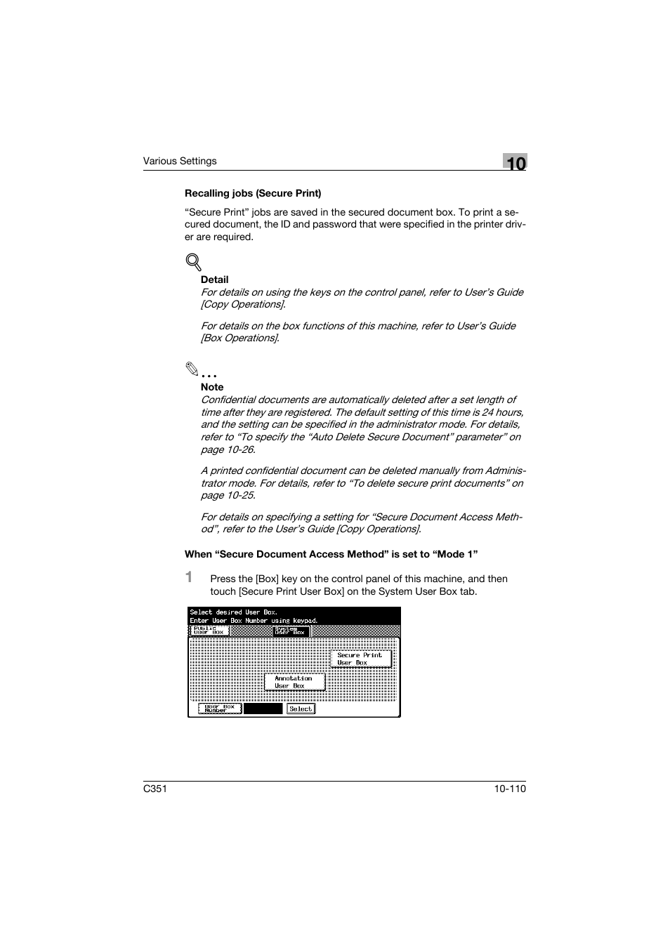 Recalling jobs (secure print) | Konica Minolta BIZHUB C351 User Manual | Page 343 / 380