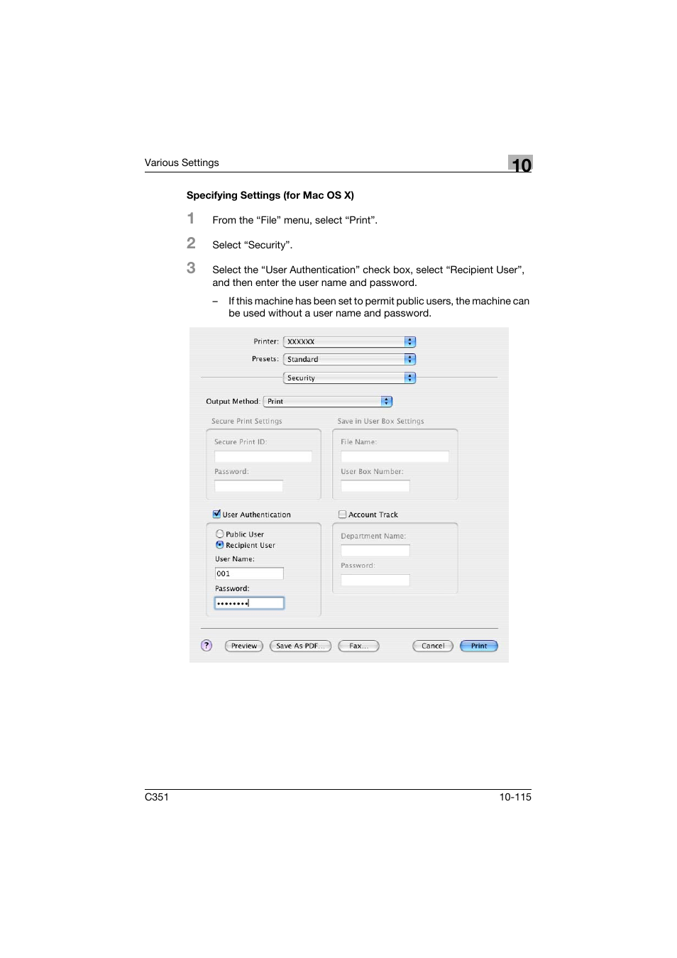 Specifying settings (for mac os x), Specifying settings (for mac os x) -115 | Konica Minolta BIZHUB C351 User Manual | Page 348 / 380