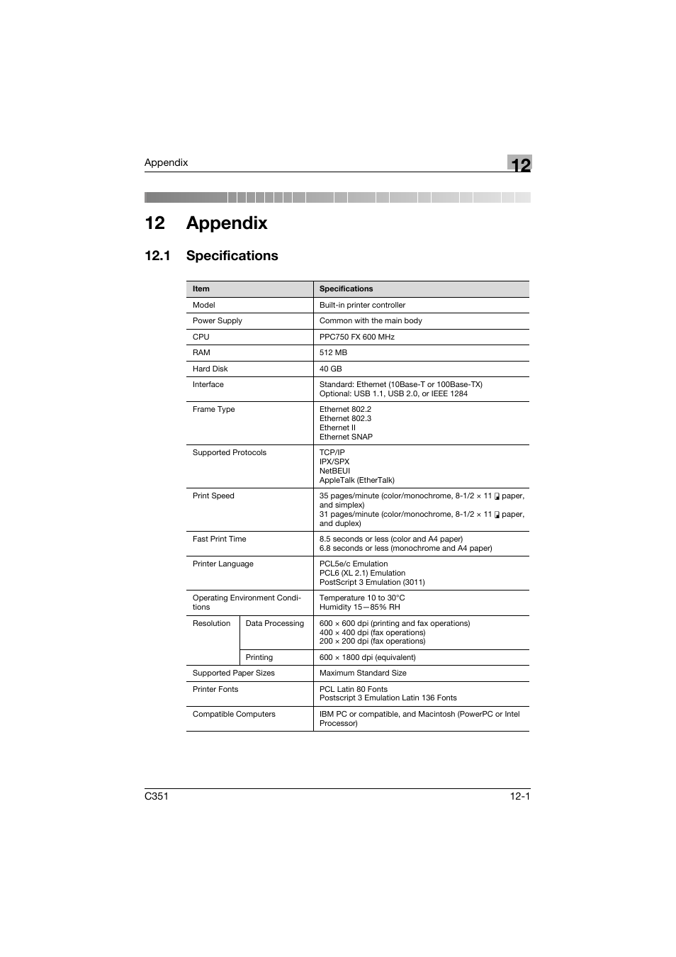 12 appendix, 1 specifications, Specifications -1 | Konica Minolta BIZHUB C351 User Manual | Page 364 / 380