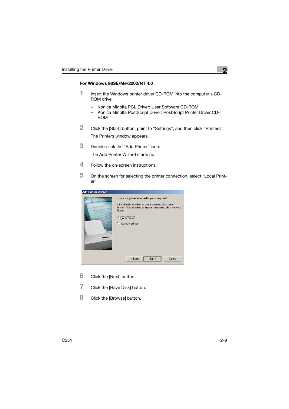 For windows 98se/me/2000/nt 4.0, For windows 98se/me/2000/nt 4.0 -9 | Konica Minolta BIZHUB C351 User Manual | Page 40 / 380