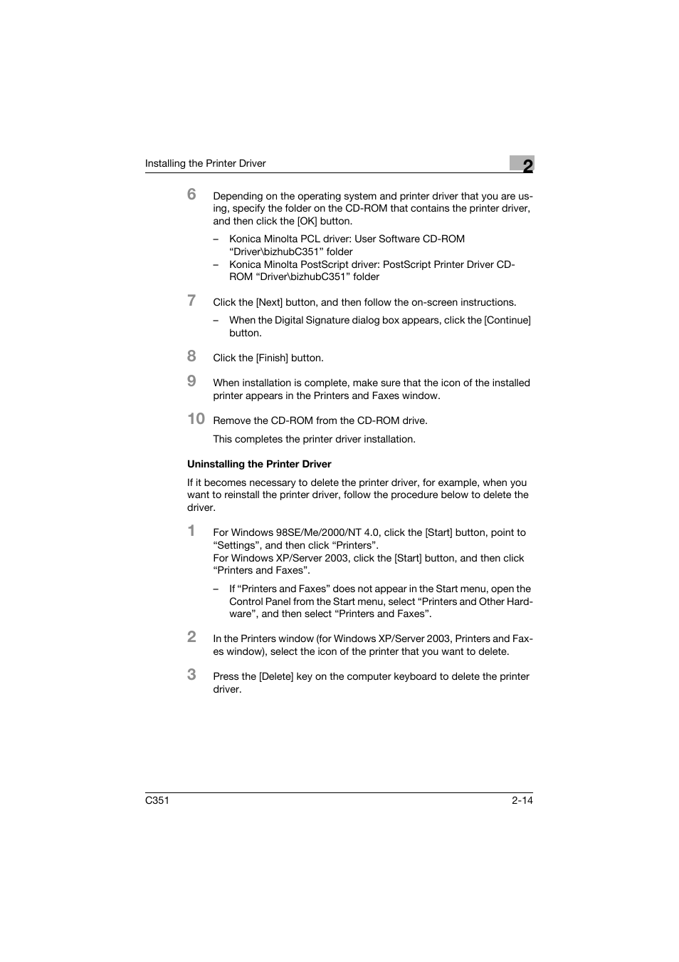 Uninstalling the printer driver, Uninstalling the printer driver -14 | Konica Minolta BIZHUB C351 User Manual | Page 45 / 380