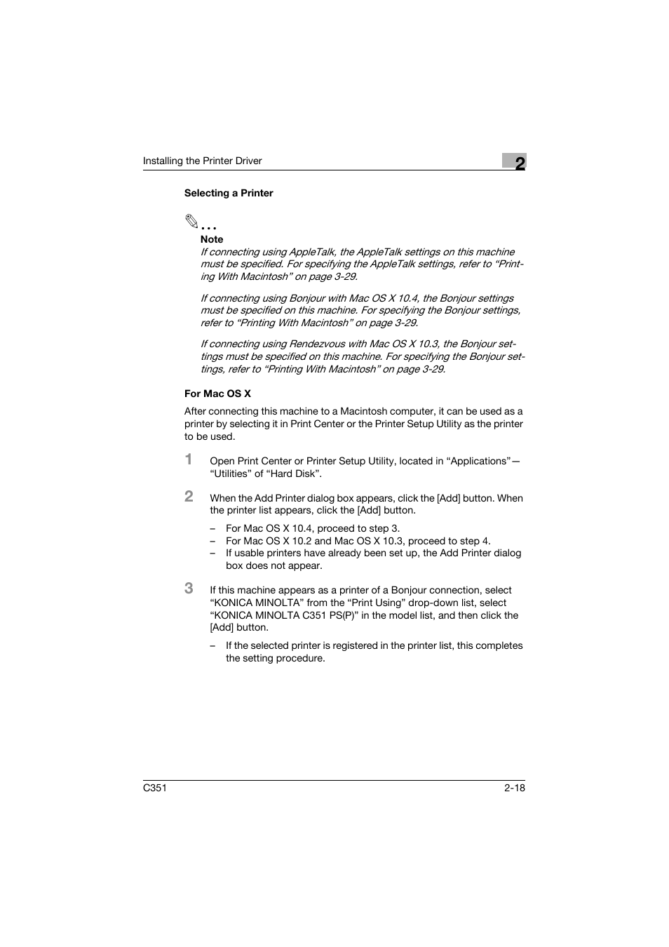 Selecting a printer, For mac os x, Selecting a printer -18 for mac os x -18 | Konica Minolta BIZHUB C351 User Manual | Page 49 / 380