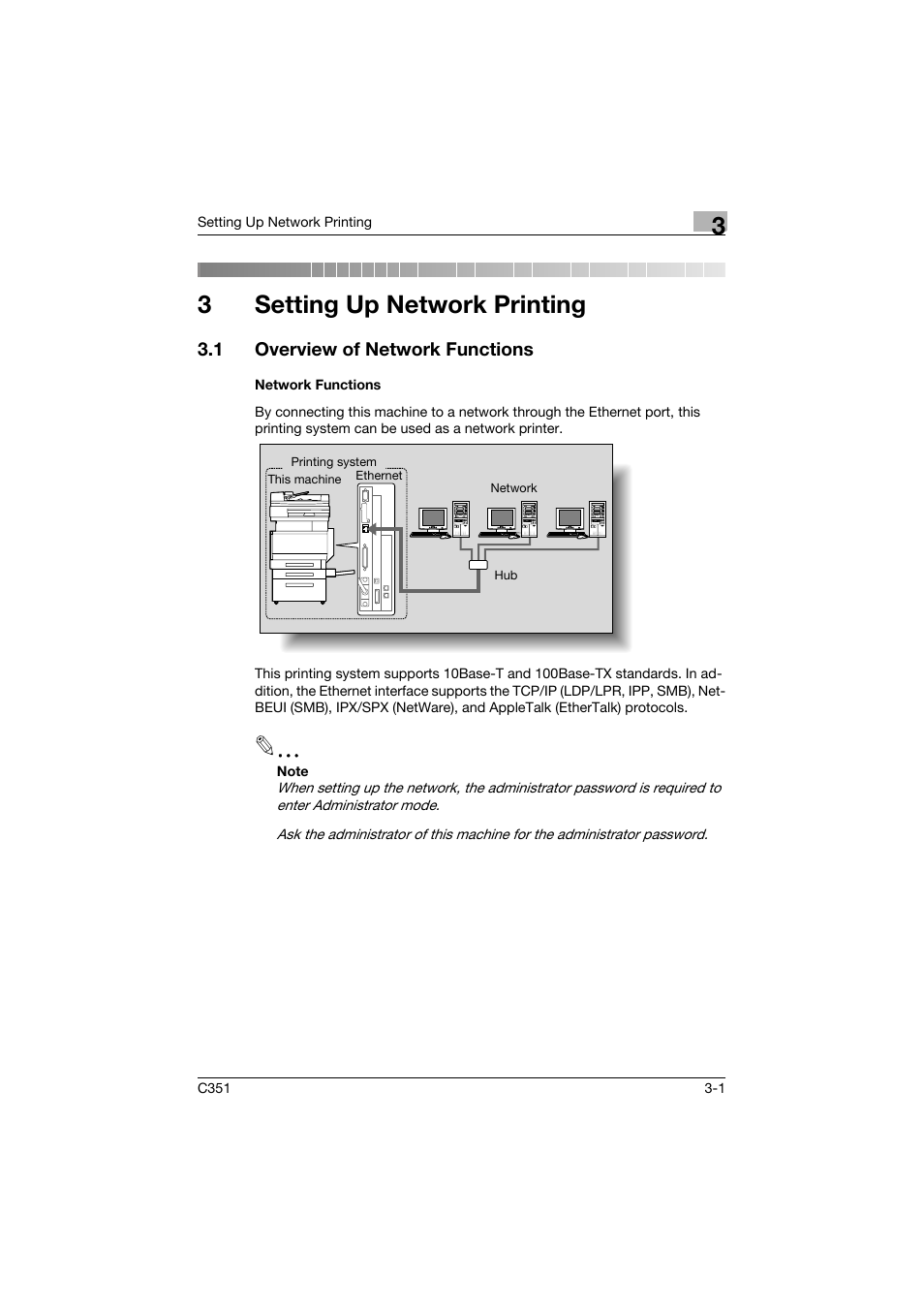 3 setting up network printing, 1 overview of network functions, Network functions | Setting up network printing, Overview of network functions -1, Network functions -1, 3setting up network printing | Konica Minolta BIZHUB C351 User Manual | Page 56 / 380