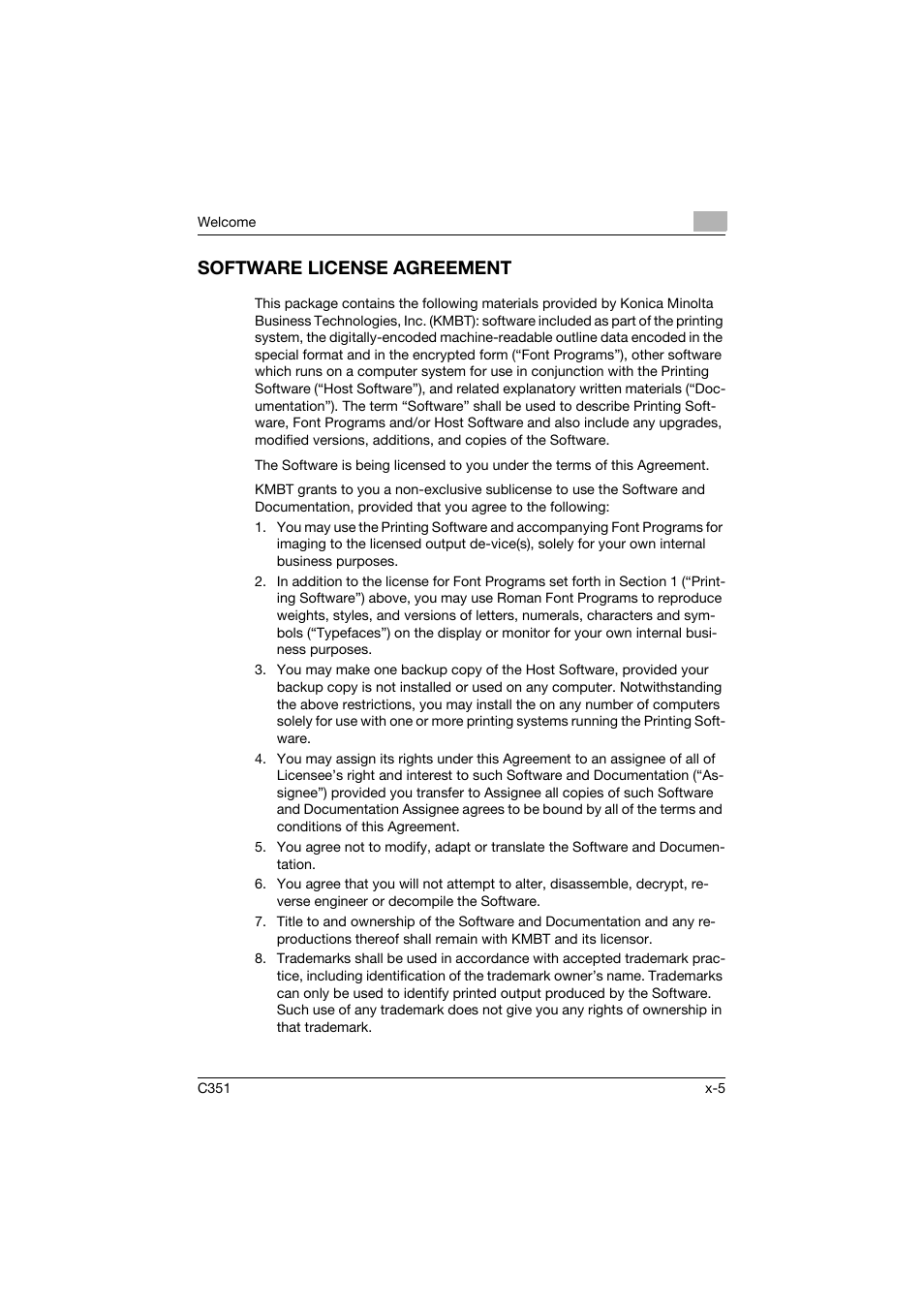 Software license agreement | Konica Minolta BIZHUB C351 User Manual | Page 6 / 380