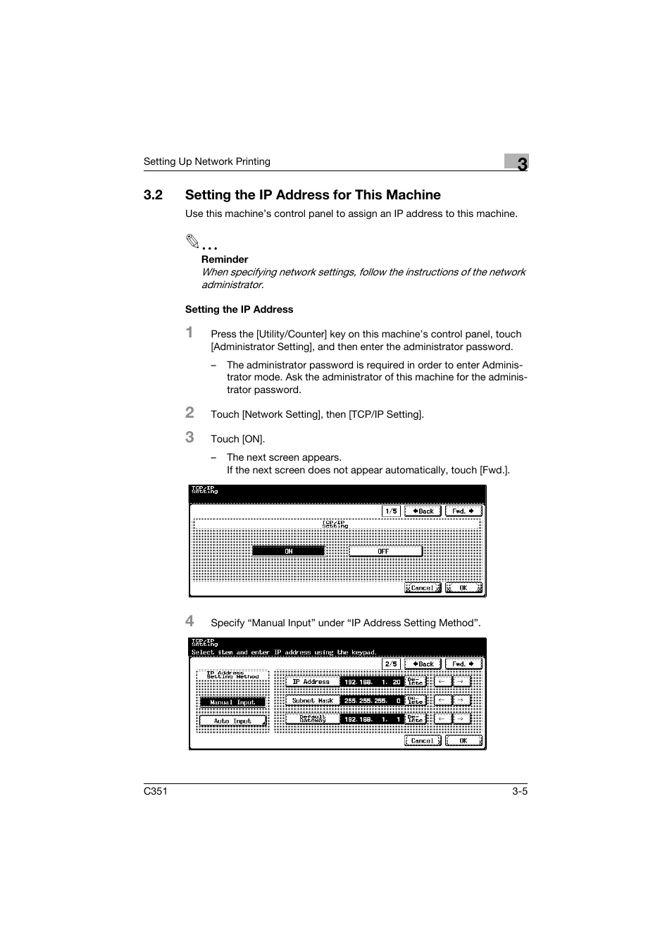 2 setting the ip address for this machine, Setting the ip address, Setting the ip address for this machine -5 | Setting the ip address -5 | Konica Minolta BIZHUB C351 User Manual | Page 60 / 380