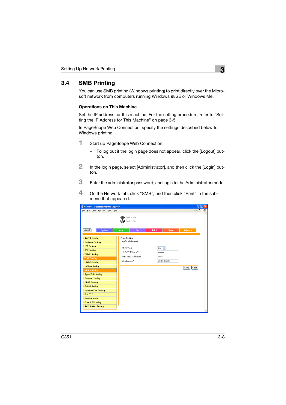 4 smb printing, Operations on this machine, Smb printing -8 | Operations on this machine -8 | Konica Minolta BIZHUB C351 User Manual | Page 63 / 380