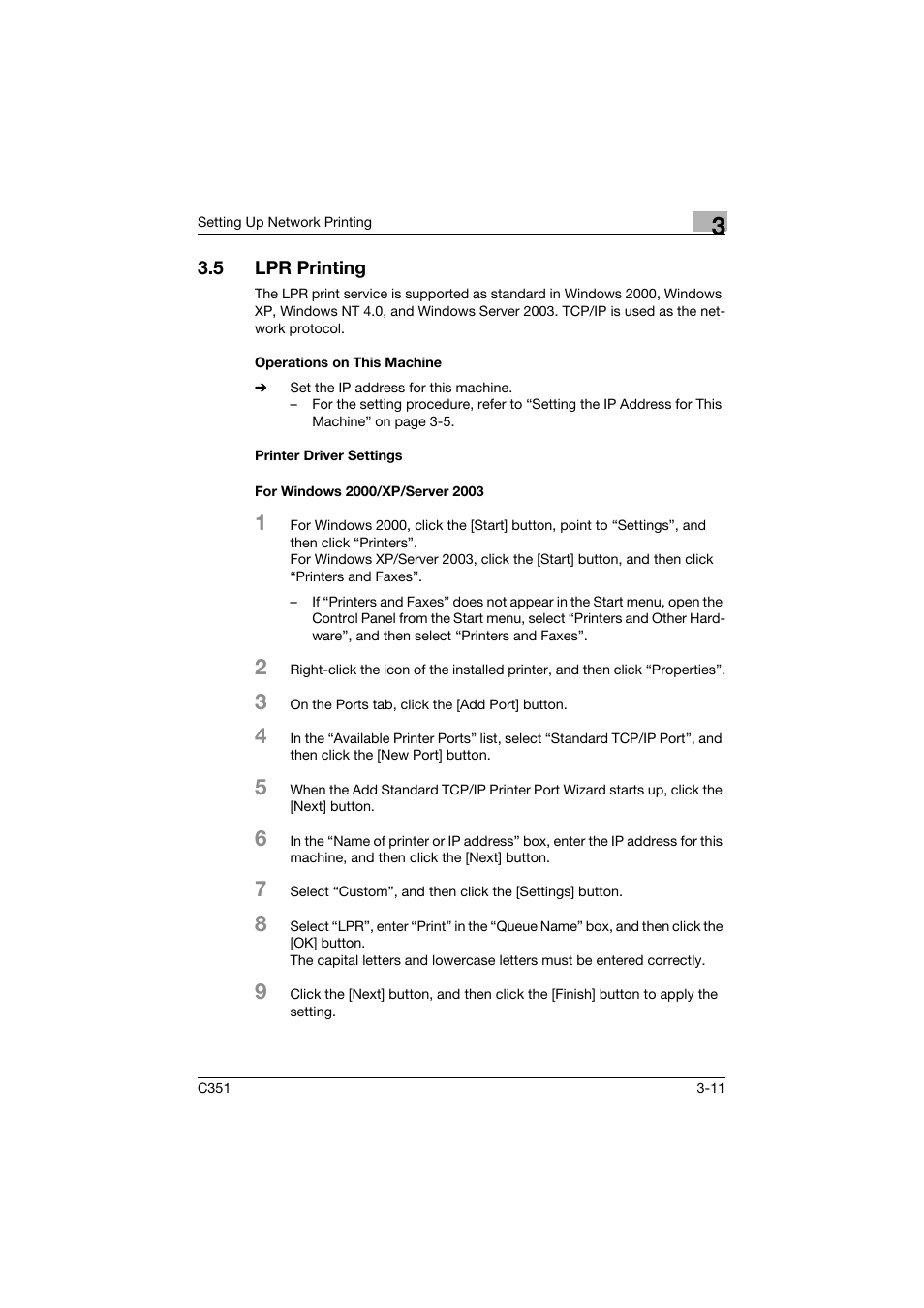 5 lpr printing, Operations on this machine, Printer driver settings | For windows 2000/xp/server 2003, Lpr printing -11 | Konica Minolta BIZHUB C351 User Manual | Page 66 / 380