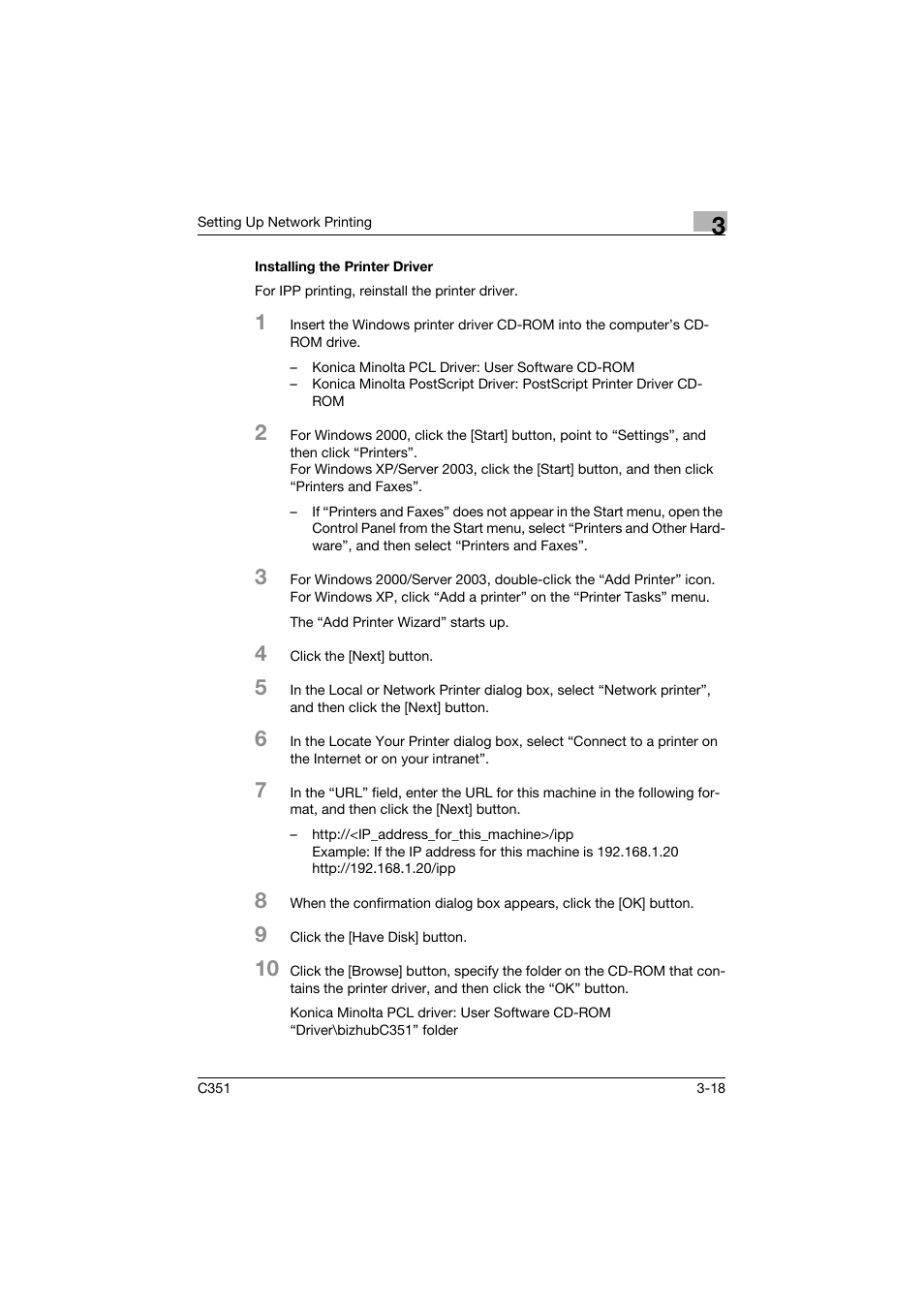 Installing the printer driver, Installing the printer driver -18 | Konica Minolta BIZHUB C351 User Manual | Page 73 / 380