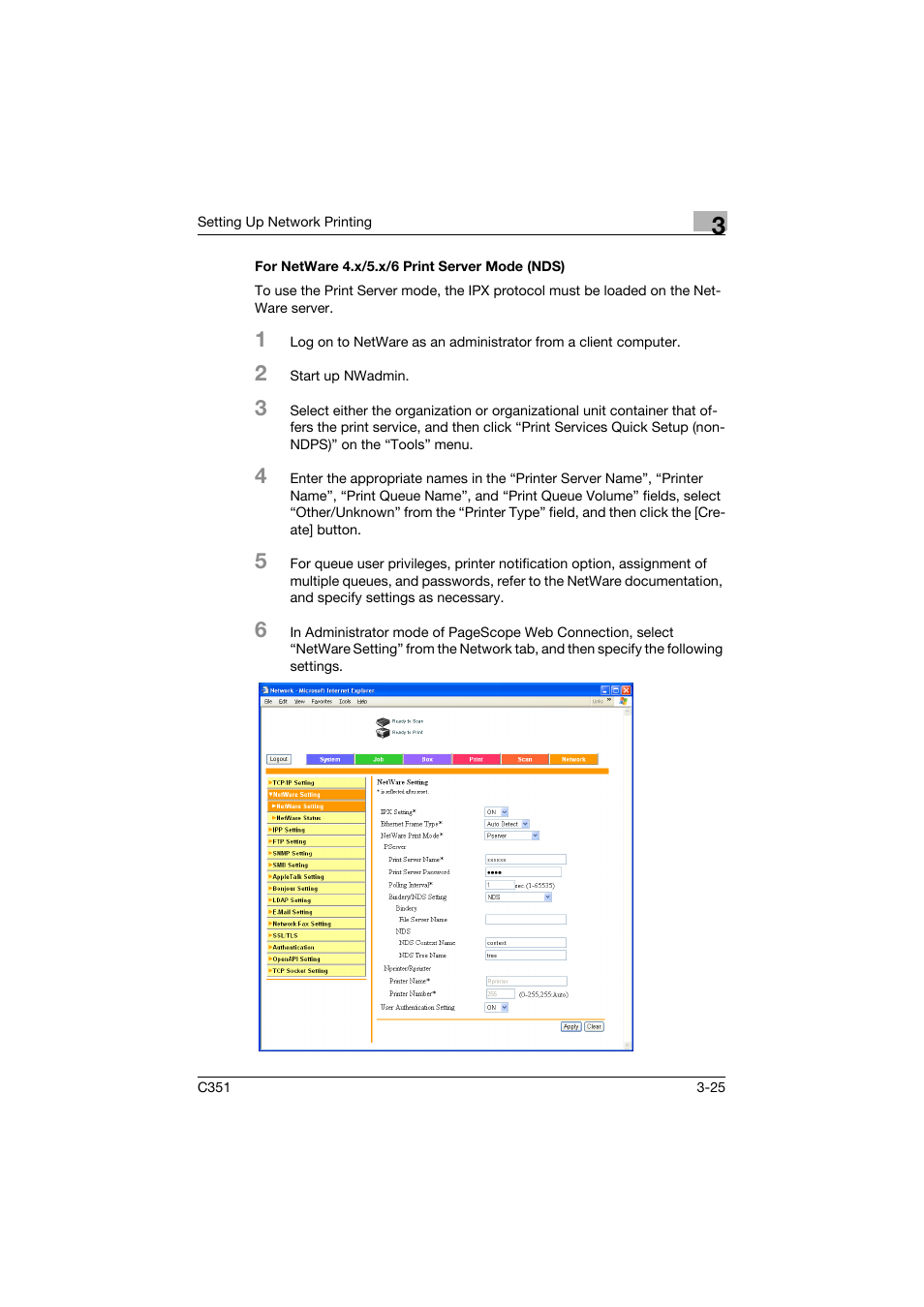 For netware 4.x/5.x/6 print server mode (nds), For netware 4.x/5.x/6 print server mode (nds) -25 | Konica Minolta BIZHUB C351 User Manual | Page 80 / 380