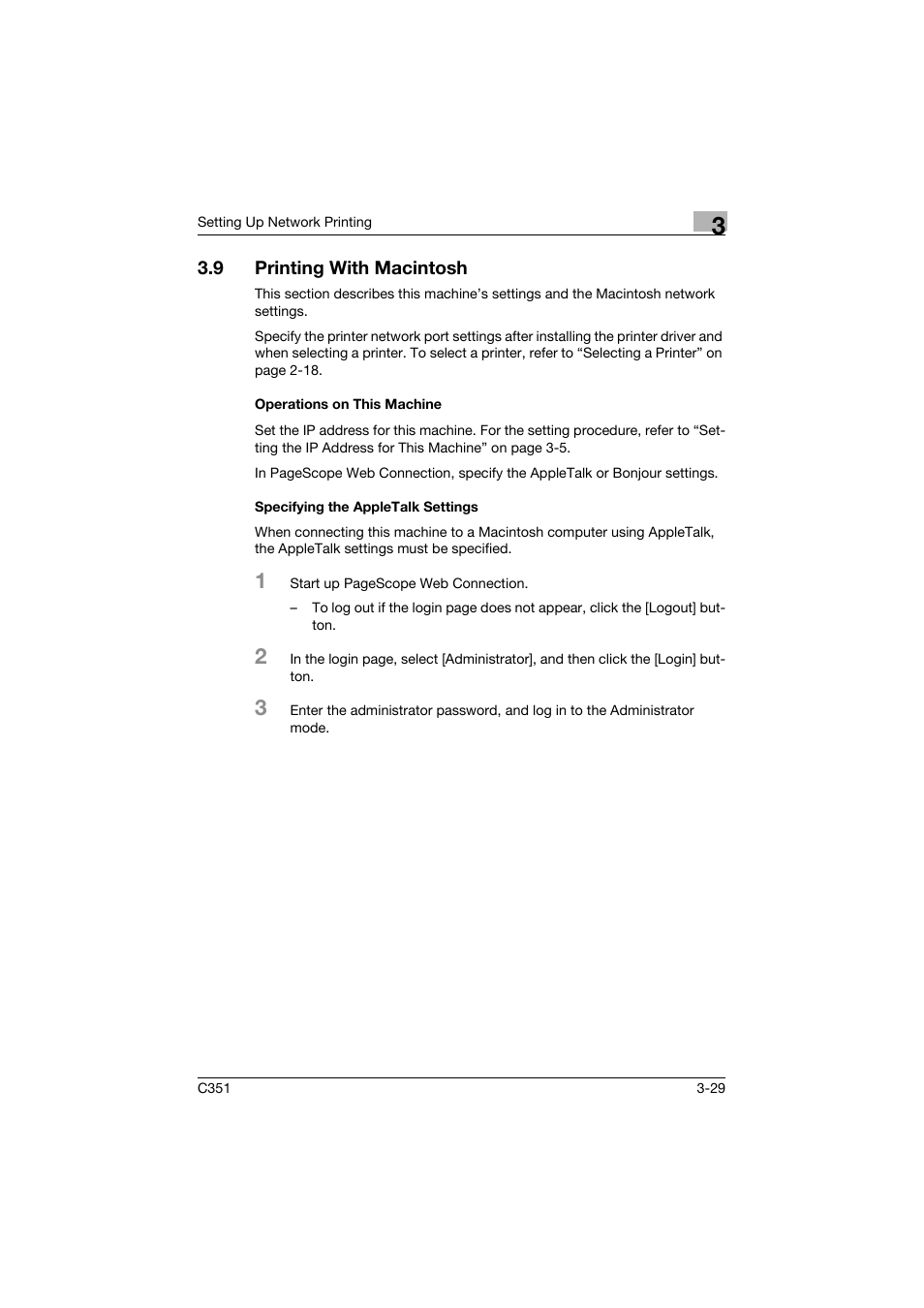 9 printing with macintosh, Operations on this machine, Specifying the appletalk settings | Printing with macintosh -29 | Konica Minolta BIZHUB C351 User Manual | Page 84 / 380