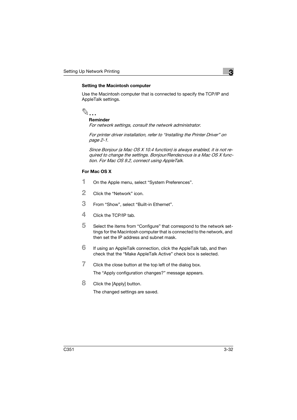 Setting the macintosh computer, For mac os x | Konica Minolta BIZHUB C351 User Manual | Page 87 / 380