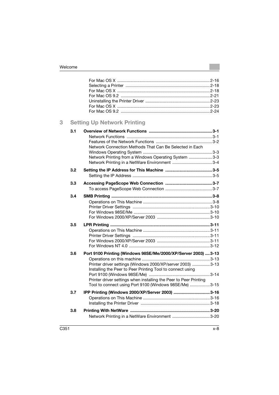 3setting up network printing | Konica Minolta BIZHUB C351 User Manual | Page 9 / 380