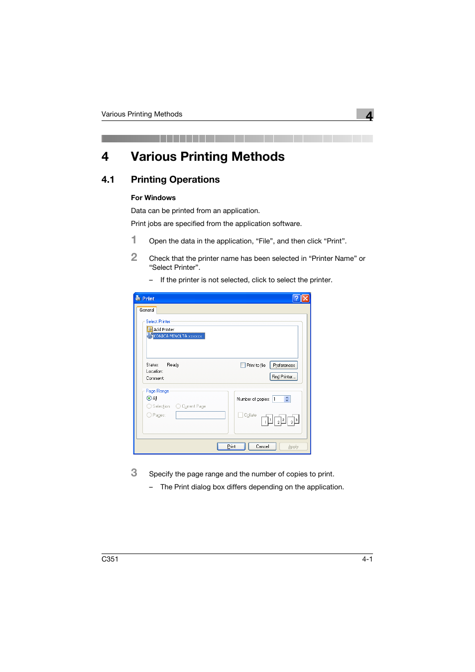 4 various printing methods, 1 printing operations, For windows | Various printing methods, Printing operations -1, For windows -1, 4various printing methods | Konica Minolta BIZHUB C351 User Manual | Page 90 / 380