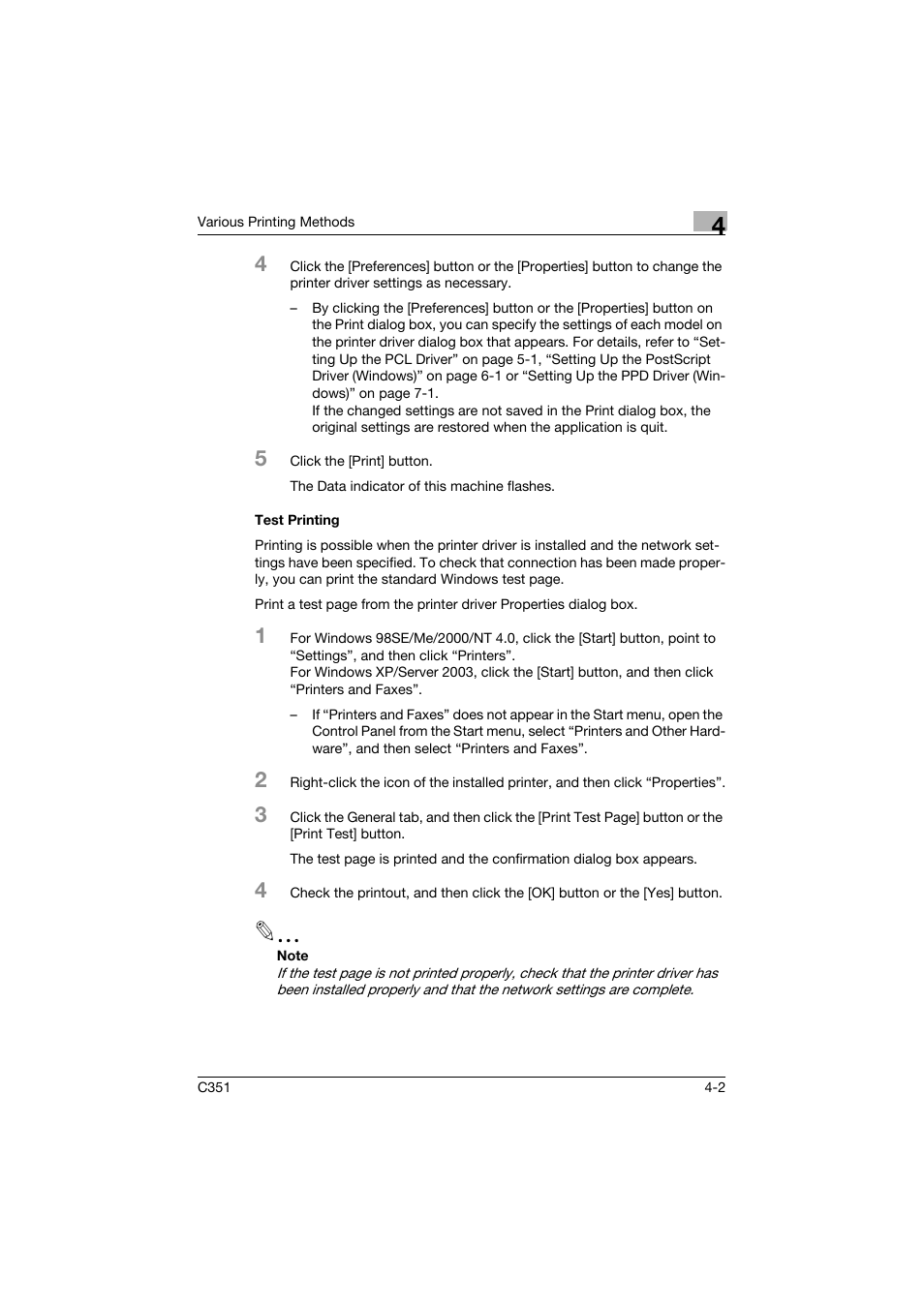 Test printing, Test printing -2 | Konica Minolta BIZHUB C351 User Manual | Page 91 / 380