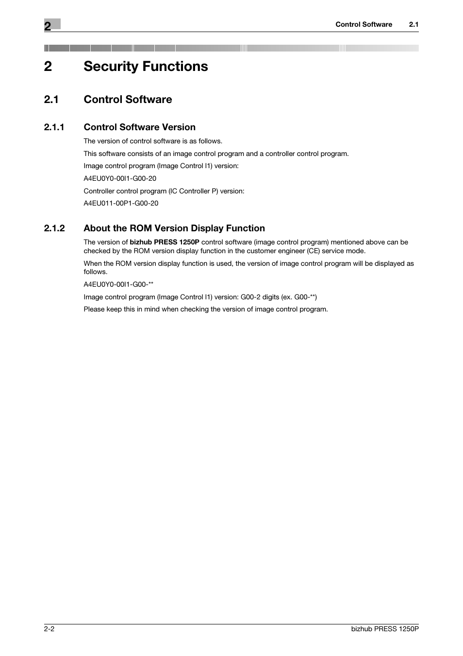 2 security functions, 1 control software, 1 control software version | 2 about the rom version display function, Security functions, Control software -2, Control software version -2, About the rom version display function -2, 2security functions | Konica Minolta bizhub PRESS 1250P User Manual | Page 10 / 68