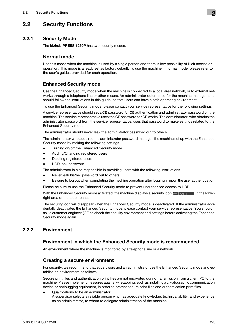 2 security functions, 1 security mode, 2 environment | Security functions -3, Security mode -3, Environment -3 | Konica Minolta bizhub PRESS 1250P User Manual | Page 11 / 68