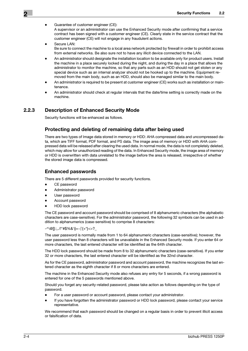 3 description of enhanced security mode, Description of enhanced security mode -4, Enhanced passwords | Konica Minolta bizhub PRESS 1250P User Manual | Page 12 / 68