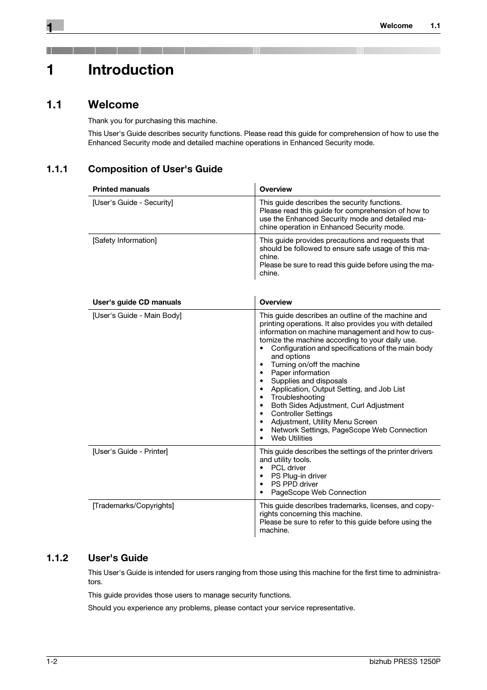 1 introduction, 1 welcome, 1 composition of user's guide | 2 user's guide, Introduction, Welcome -2, Composition of user's guide -2, User's guide -2, 1introduction, 1 composition of user's guide 1.1.2 user's guide | Konica Minolta bizhub PRESS 1250P User Manual | Page 6 / 68