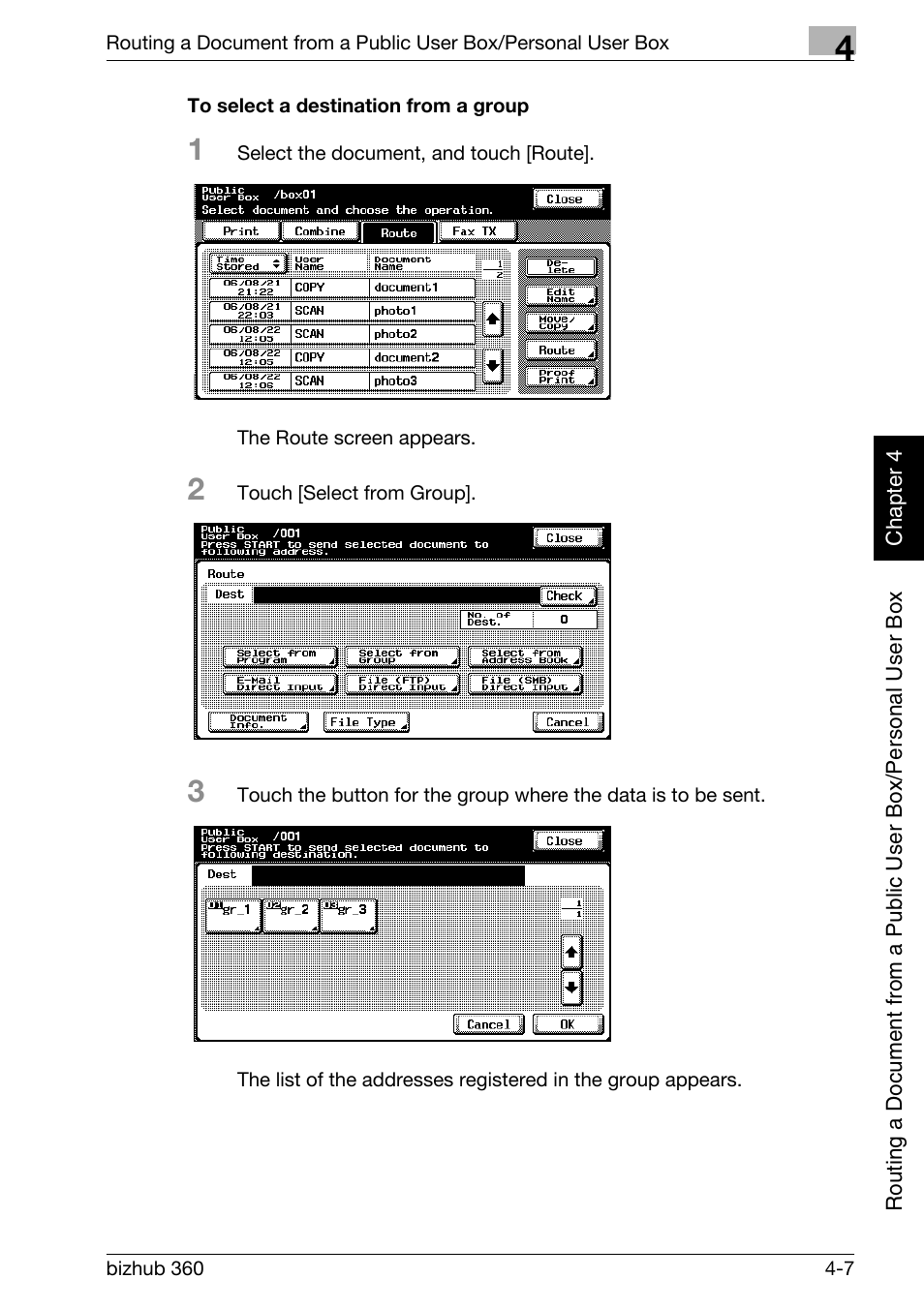 To select a destination from a group -7, P. 4-7 | Konica Minolta bizhub 360 User Manual | Page 106 / 218