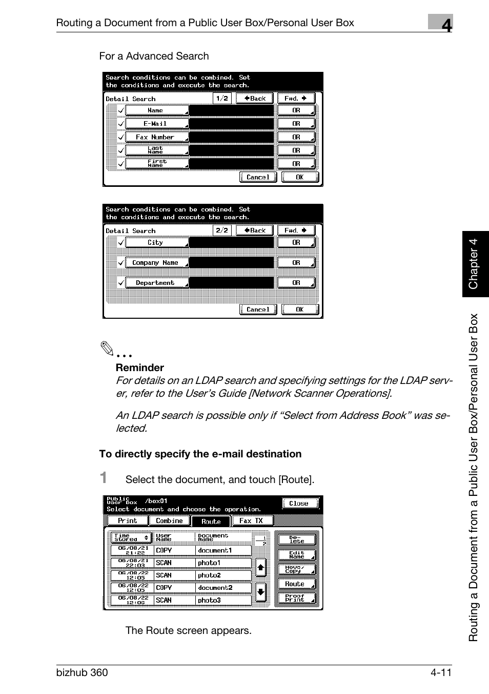 To directly specify the e-mail destination -11, P. 4-11 | Konica Minolta bizhub 360 User Manual | Page 110 / 218