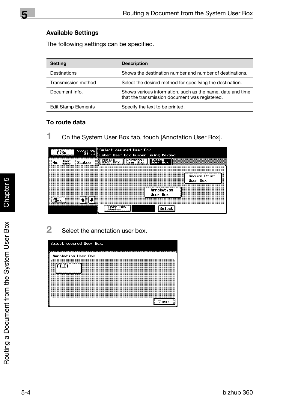 Available settings -4 to route data -4 | Konica Minolta bizhub 360 User Manual | Page 129 / 218