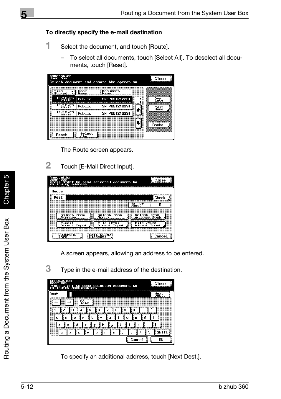 To directly specify the e-mail destination -12, P. 5-12 | Konica Minolta bizhub 360 User Manual | Page 137 / 218