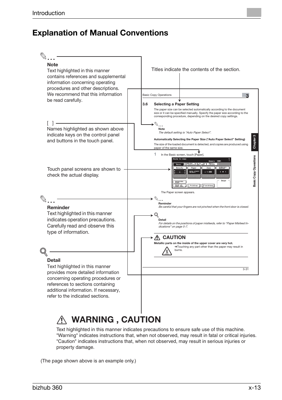 7 warning , caution, Explanation of manual conventions | Konica Minolta bizhub 360 User Manual | Page 14 / 218