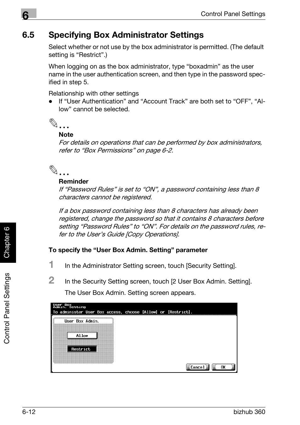 5 specifying box administrator settings, Specifying box administrator settings -12, P. 6-12 | Konica Minolta bizhub 360 User Manual | Page 159 / 218