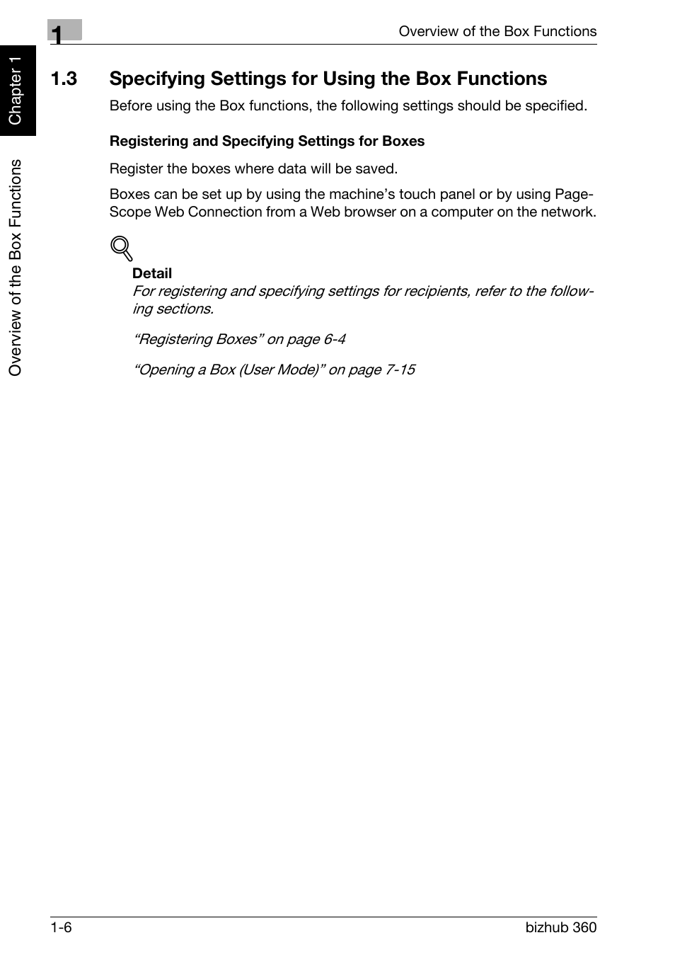 3 specifying settings for using the box functions, Specifying settings for using the box functions -6, Registering and specifying settings for boxes -6 | Konica Minolta bizhub 360 User Manual | Page 23 / 218